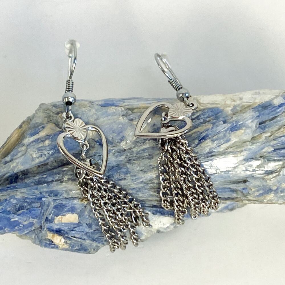 Silver Earrings | Dangly Silver Tassel Heart Earrings